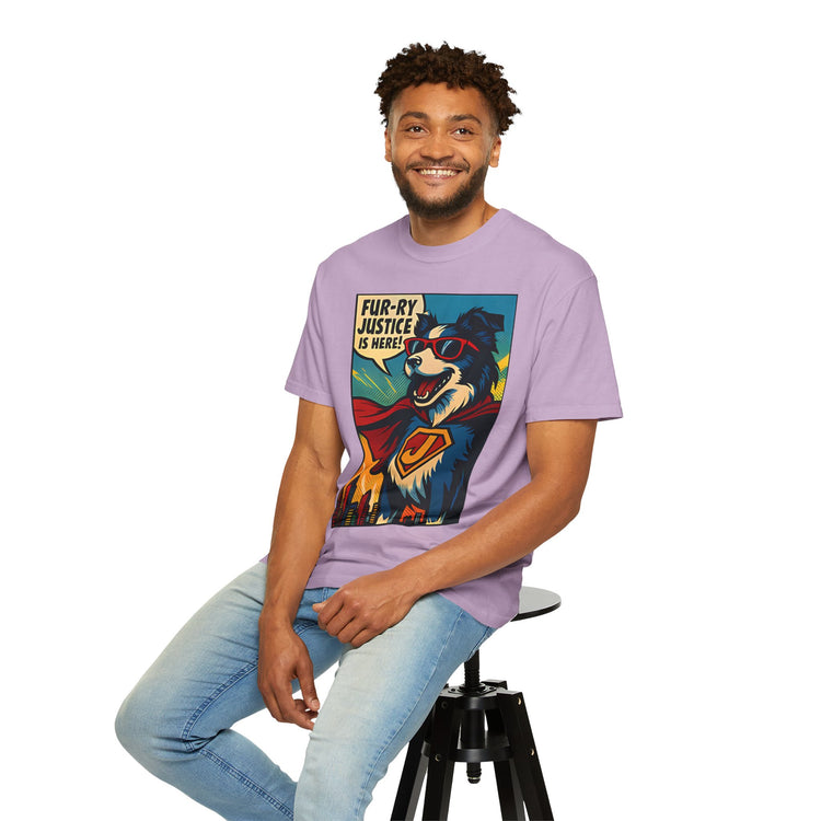 Border Collie Superhero Comic T-Shirt – Pop Art Dog Design, “Fur-ry Justice is Here!” Tee for Dog Lovers