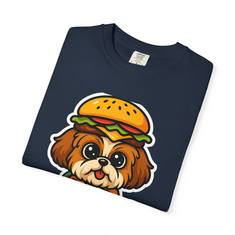 🍔 Snack First, Questions Later Shih Tzu T-Shirt – Funny Foodie Dog Meme Tee for Pet Lovers & Dog Moms 🐾