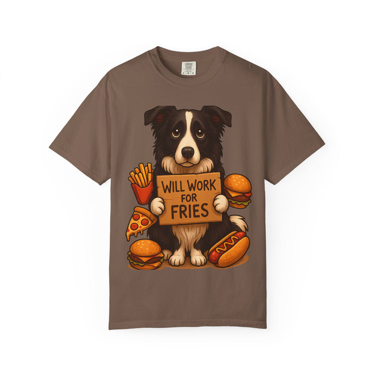 Border Collie Funny Fast Food T-Shirt – “Will Work for Fries” Meme Tee for Dog Lovers & Foodies