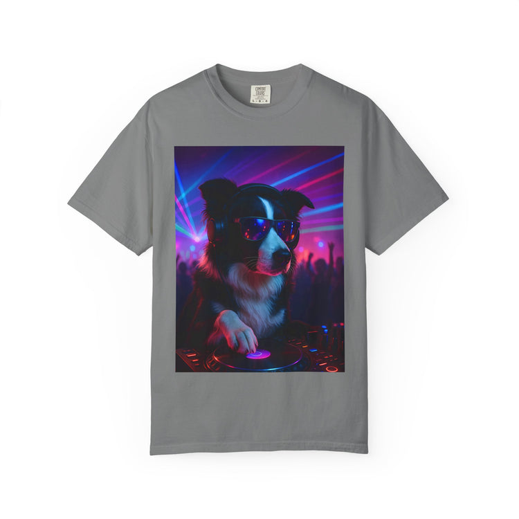 order Collie DJ T-Shirt – Retro 80s Vinyl Dog Tee, Neon Synthwave Pop Art Style for Music & Pet Lovers