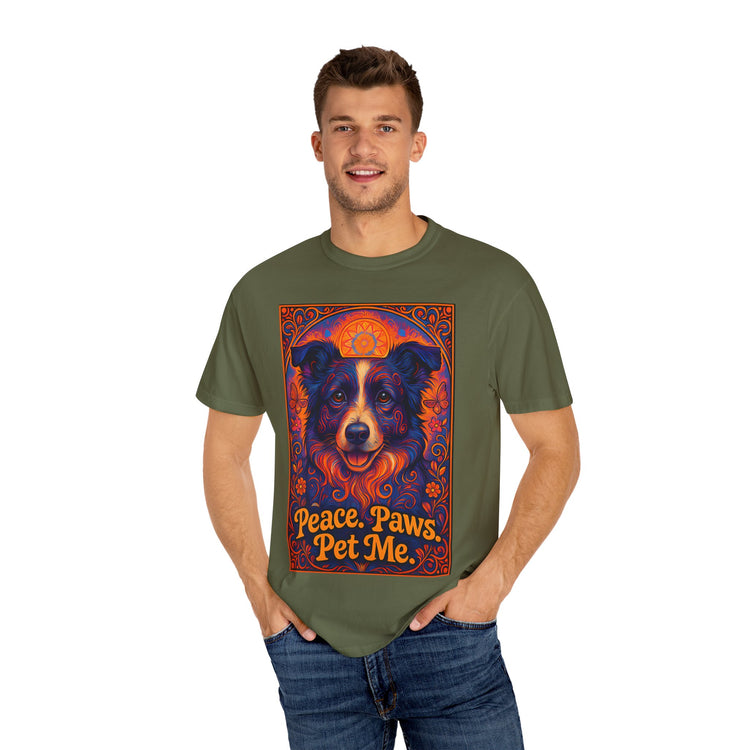 Border Collie Psychedelic Festival T-Shirt – Trippy Floral Dog Tee with “Peace. Paws. Pet Me.” Quote