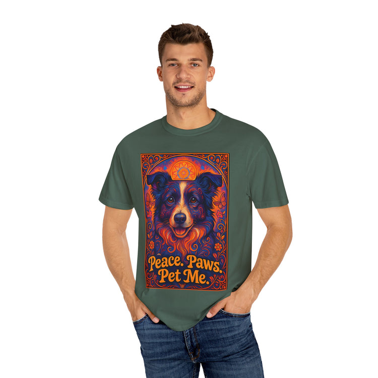Border Collie Psychedelic Festival T-Shirt – Trippy Floral Dog Tee with “Peace. Paws. Pet Me.” Quote