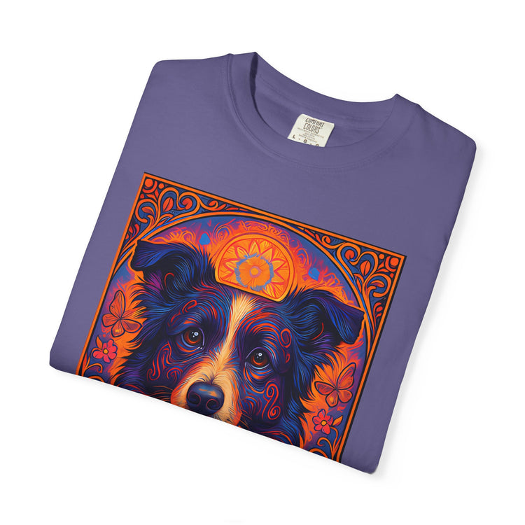 Border Collie Psychedelic Festival T-Shirt – Trippy Floral Dog Tee with “Peace. Paws. Pet Me.” Quote