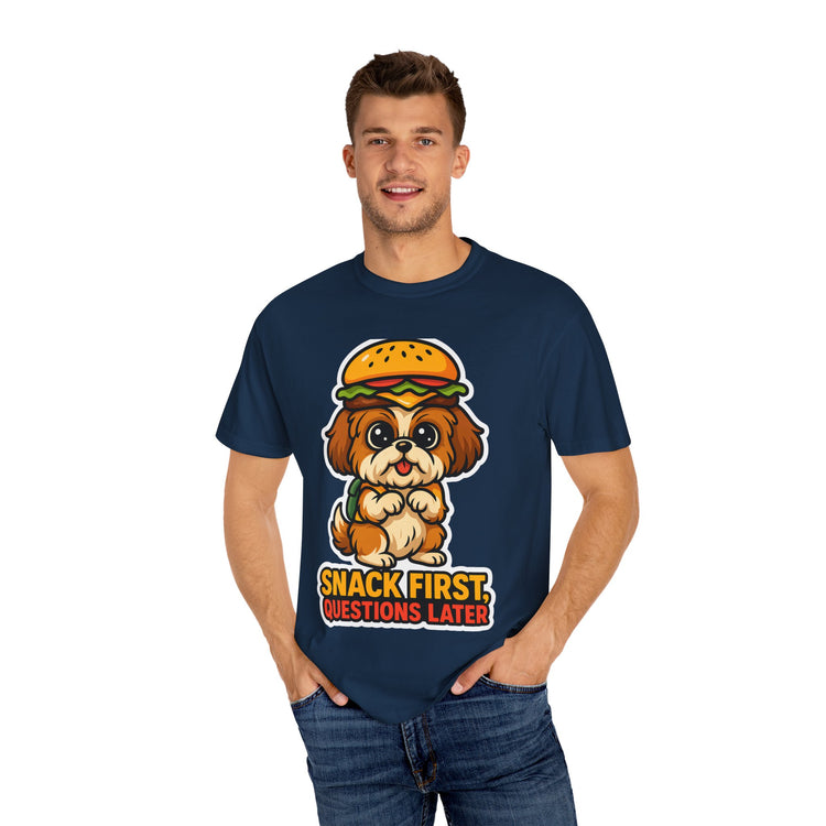 🍔 Snack First, Questions Later Shih Tzu T-Shirt – Funny Foodie Dog Meme Tee for Pet Lovers & Dog Moms 🐾