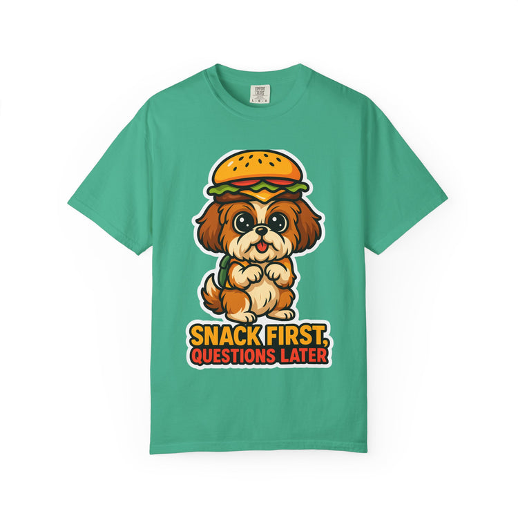 🍔 Snack First, Questions Later Shih Tzu T-Shirt – Funny Foodie Dog Meme Tee for Pet Lovers & Dog Moms 🐾