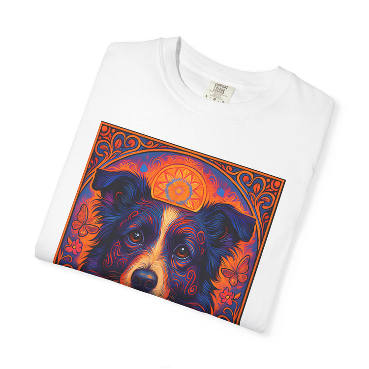 Border Collie Psychedelic Festival T-Shirt – Trippy Floral Dog Tee with “Peace. Paws. Pet Me.” Quote