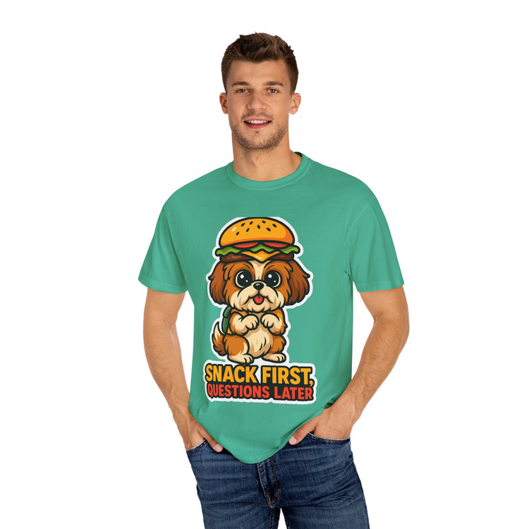 🍔 Snack First, Questions Later Shih Tzu T-Shirt – Funny Foodie Dog Meme Tee for Pet Lovers & Dog Moms 🐾