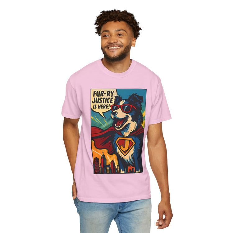 Border Collie Superhero Comic T-Shirt – Pop Art Dog Design, “Fur-ry Justice is Here!” Tee for Dog Lovers