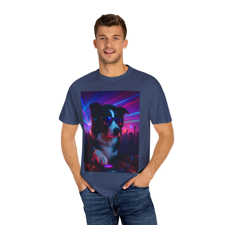 order Collie DJ T-Shirt – Retro 80s Vinyl Dog Tee, Neon Synthwave Pop Art Style for Music & Pet Lovers