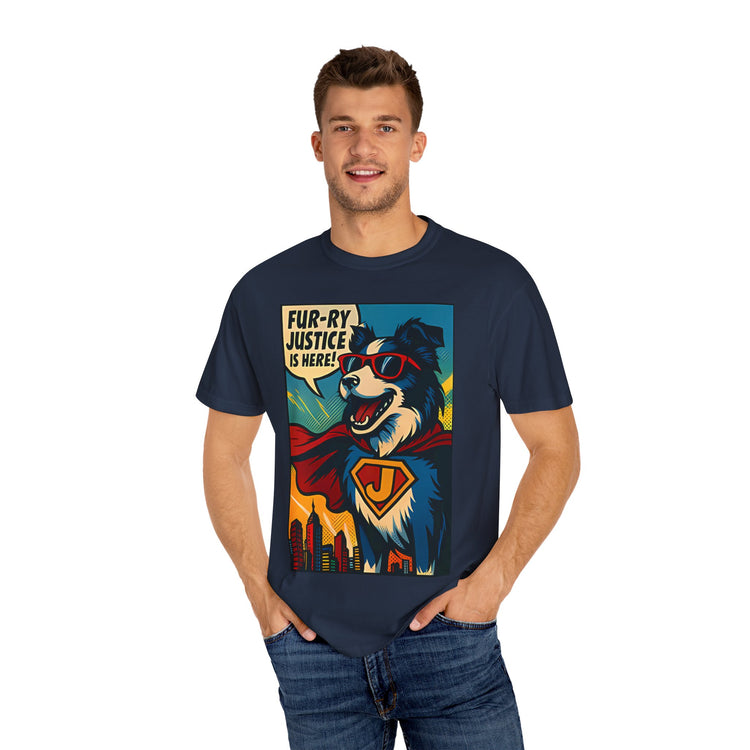 Border Collie Superhero Comic T-Shirt – Pop Art Dog Design, “Fur-ry Justice is Here!” Tee for Dog Lovers