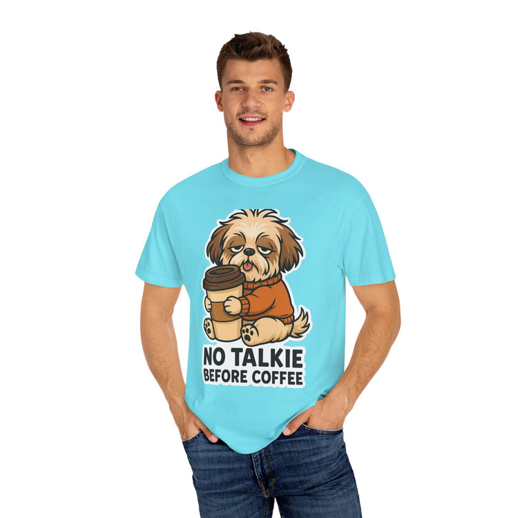 ☕ No Talkie Before Coffee Shih Tzu T-Shirt – Funny Dog Meme Tee for Pet Lovers & Dog Moms 🐾