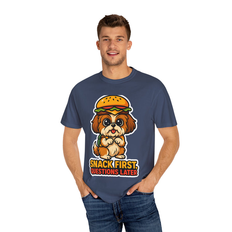🍔 Snack First, Questions Later Shih Tzu T-Shirt – Funny Foodie Dog Meme Tee for Pet Lovers & Dog Moms 🐾