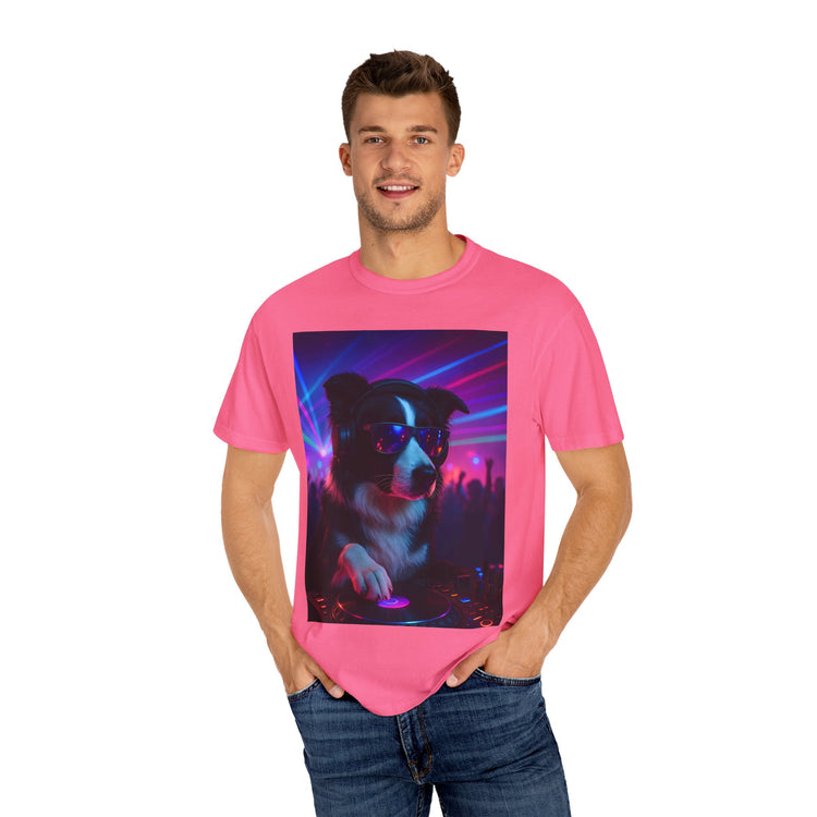 order Collie DJ T-Shirt – Retro 80s Vinyl Dog Tee, Neon Synthwave Pop Art Style for Music & Pet Lovers