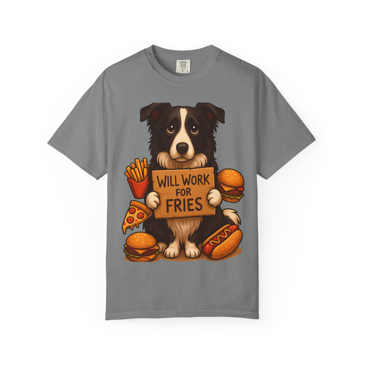 Border Collie Funny Fast Food T-Shirt – “Will Work for Fries” Meme Tee for Dog Lovers & Foodies