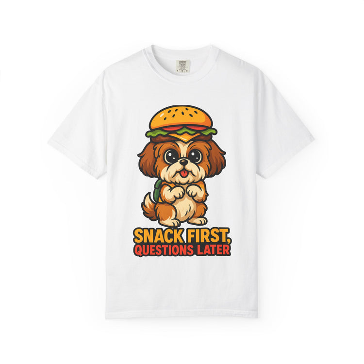 🍔 Snack First, Questions Later Shih Tzu T-Shirt – Funny Foodie Dog Meme Tee for Pet Lovers & Dog Moms 🐾