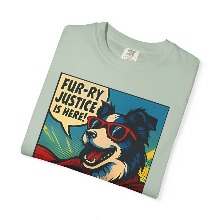 Border Collie Superhero Comic T-Shirt – Pop Art Dog Design, “Fur-ry Justice is Here!” Tee for Dog Lovers