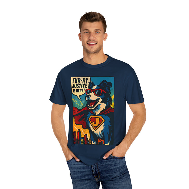 Border Collie Superhero Comic T-Shirt – Pop Art Dog Design, “Fur-ry Justice is Here!” Tee for Dog Lovers