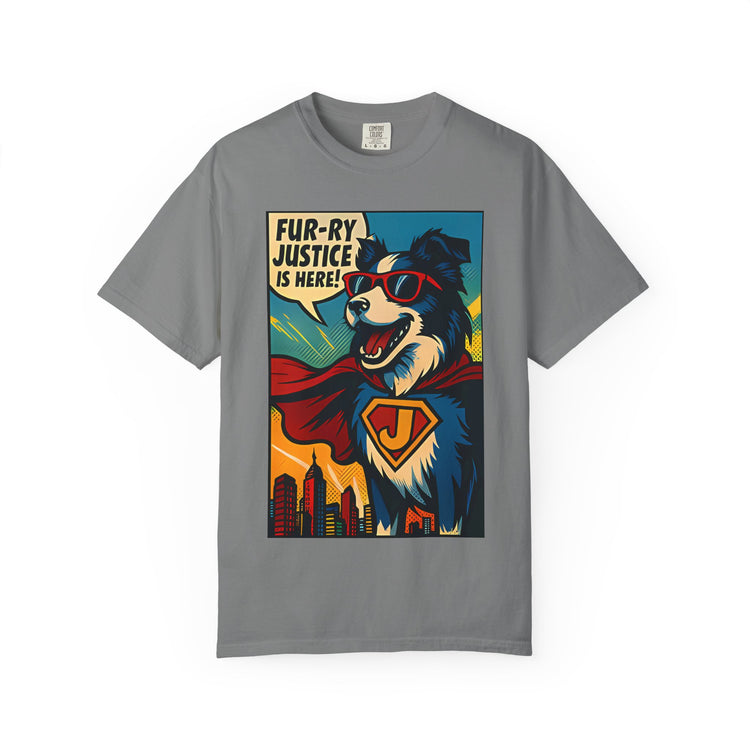 Border Collie Superhero Comic T-Shirt – Pop Art Dog Design, “Fur-ry Justice is Here!” Tee for Dog Lovers