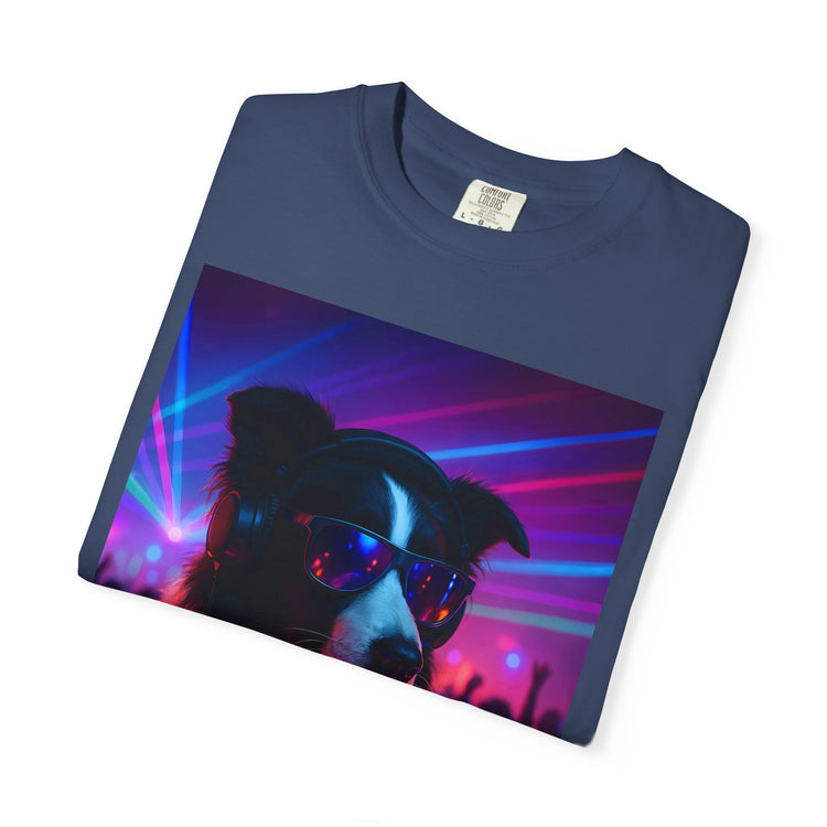 order Collie DJ T-Shirt – Retro 80s Vinyl Dog Tee, Neon Synthwave Pop Art Style for Music & Pet Lovers