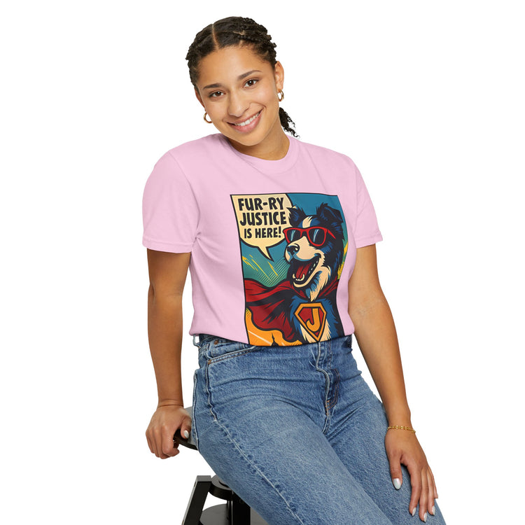 Border Collie Superhero Comic T-Shirt – Pop Art Dog Design, “Fur-ry Justice is Here!” Tee for Dog Lovers