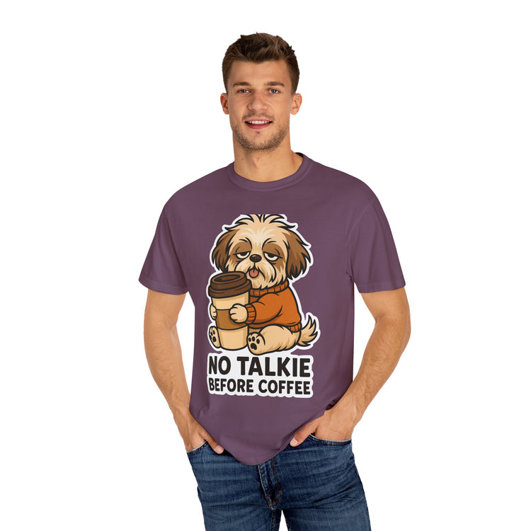 ☕ No Talkie Before Coffee Shih Tzu T-Shirt – Funny Dog Meme Tee for Pet Lovers & Dog Moms 🐾