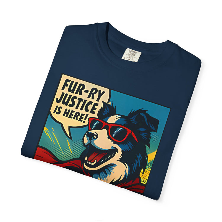 Border Collie Superhero Comic T-Shirt – Pop Art Dog Design, “Fur-ry Justice is Here!” Tee for Dog Lovers