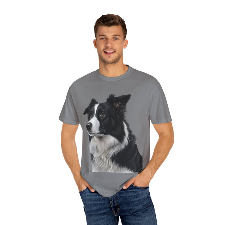 Realistic Border Collie Art T-Shirt – Elegant Black & White Dog Portrait Tee for Pet Lovers