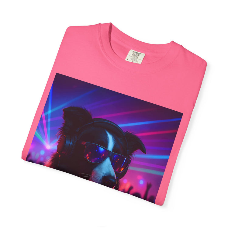 order Collie DJ T-Shirt – Retro 80s Vinyl Dog Tee, Neon Synthwave Pop Art Style for Music & Pet Lovers