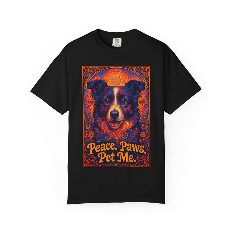 Border Collie Psychedelic Festival T-Shirt – Trippy Floral Dog Tee with “Peace. Paws. Pet Me.” Quote