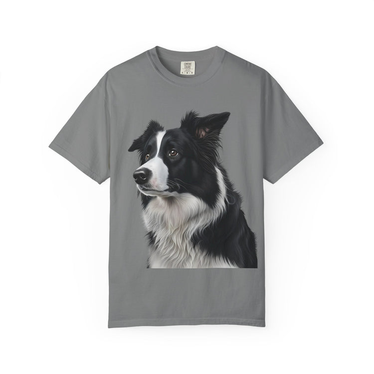 Realistic Border Collie Art T-Shirt – Elegant Black & White Dog Portrait Tee for Pet Lovers