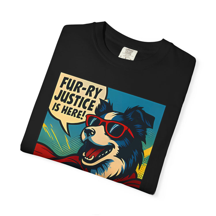 Border Collie Superhero Comic T-Shirt – Pop Art Dog Design, “Fur-ry Justice is Here!” Tee for Dog Lovers