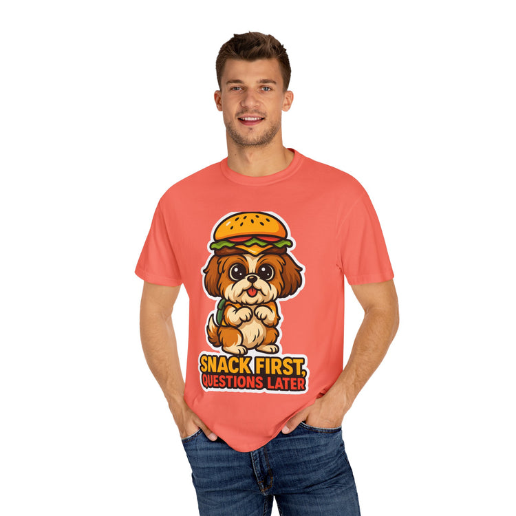 🍔 Snack First, Questions Later Shih Tzu T-Shirt – Funny Foodie Dog Meme Tee for Pet Lovers & Dog Moms 🐾