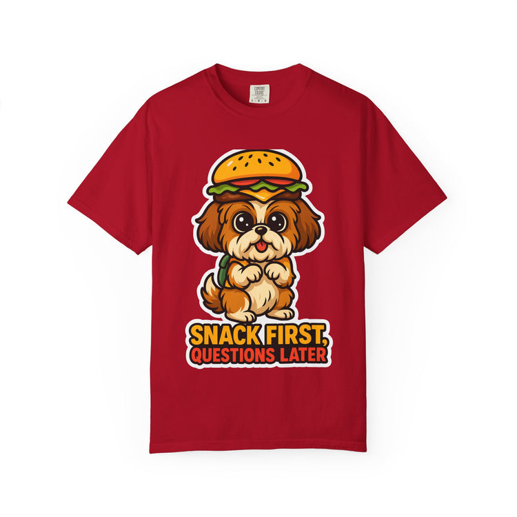 🍔 Snack First, Questions Later Shih Tzu T-Shirt – Funny Foodie Dog Meme Tee for Pet Lovers & Dog Moms 🐾
