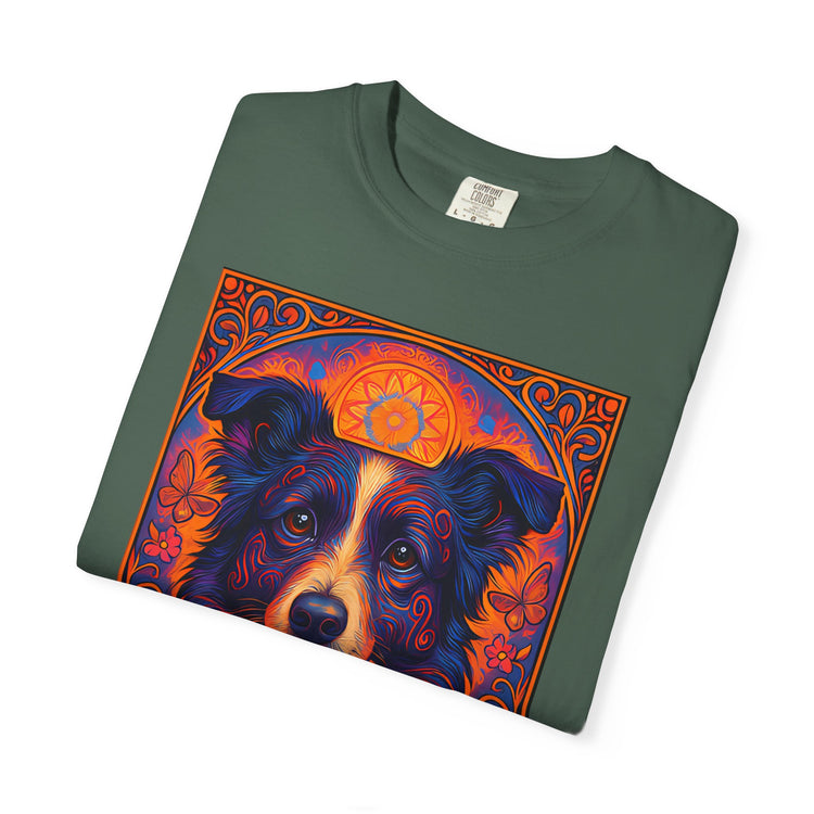 Border Collie Psychedelic Festival T-Shirt – Trippy Floral Dog Tee with “Peace. Paws. Pet Me.” Quote