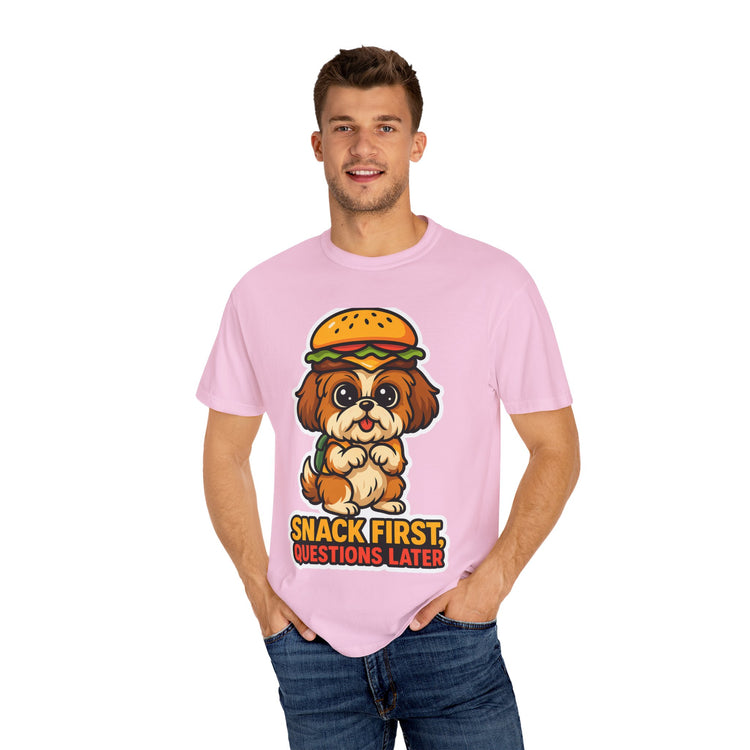 🍔 Snack First, Questions Later Shih Tzu T-Shirt – Funny Foodie Dog Meme Tee for Pet Lovers & Dog Moms 🐾