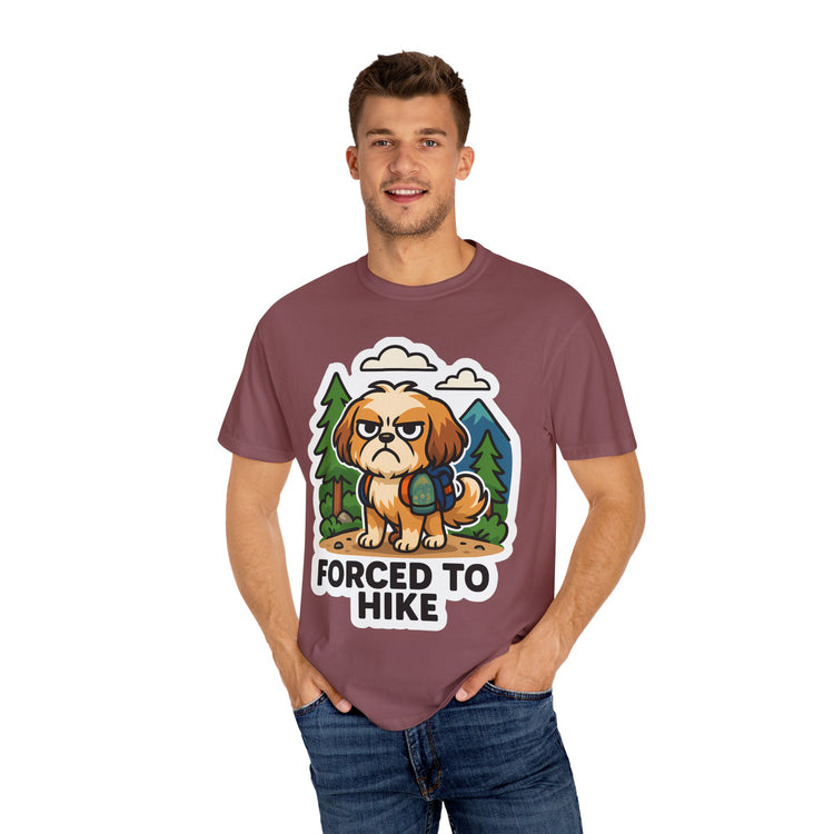 🥾 Forced to Hike Shih Tzu T-Shirt – Funny Dog Hiking Meme Tee for Pet Lovers & Outdoor Fans 🐾