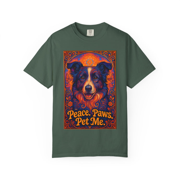 Border Collie Psychedelic Festival T-Shirt – Trippy Floral Dog Tee with “Peace. Paws. Pet Me.” Quote