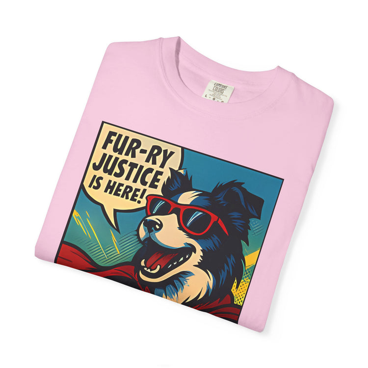 Border Collie Superhero Comic T-Shirt – Pop Art Dog Design, “Fur-ry Justice is Here!” Tee for Dog Lovers