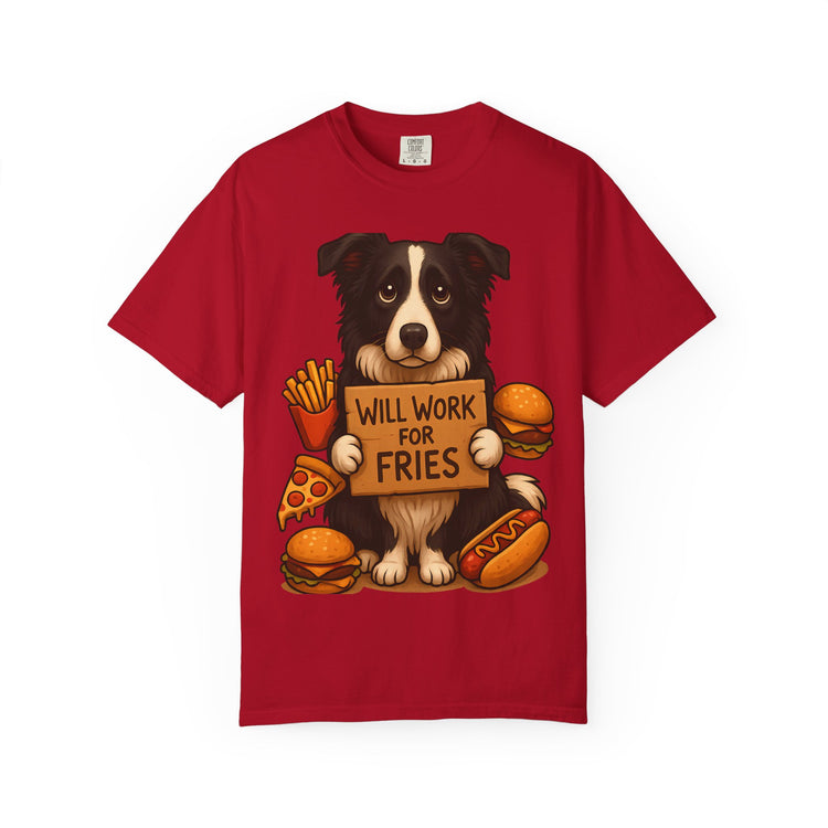 Border Collie Funny Fast Food T-Shirt – “Will Work for Fries” Meme Tee for Dog Lovers & Foodies