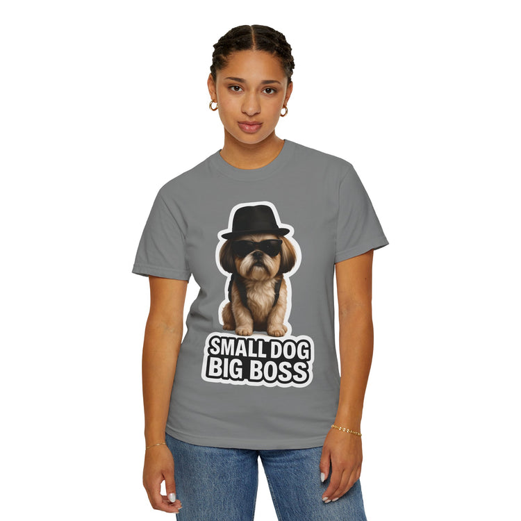 😎 Small Dog, Big Boss Shih Tzu T-Shirt – 3D Realistic Funny Dog Meme Tee for Pet Lovers & Dog Moms 🐾