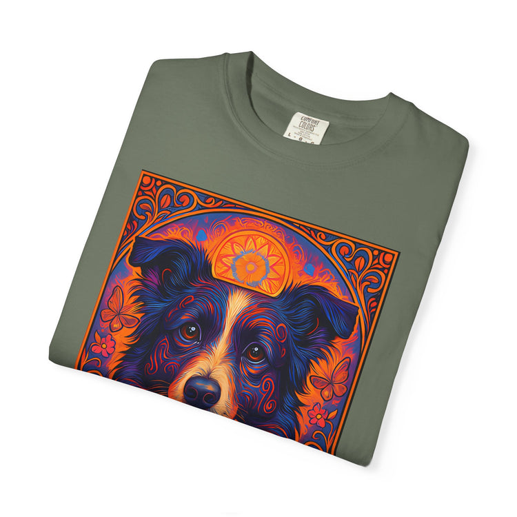 Border Collie Psychedelic Festival T-Shirt – Trippy Floral Dog Tee with “Peace. Paws. Pet Me.” Quote