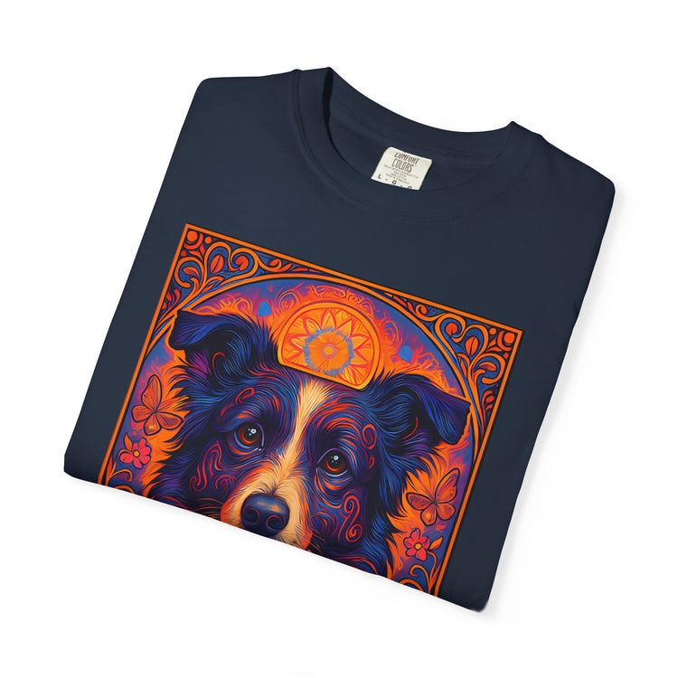 Border Collie Psychedelic Festival T-Shirt – Trippy Floral Dog Tee with “Peace. Paws. Pet Me.” Quote