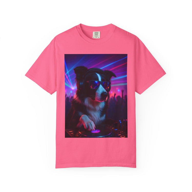 order Collie DJ T-Shirt – Retro 80s Vinyl Dog Tee, Neon Synthwave Pop Art Style for Music & Pet Lovers