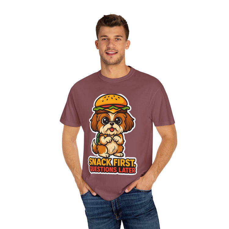 🍔 Snack First, Questions Later Shih Tzu T-Shirt – Funny Foodie Dog Meme Tee for Pet Lovers & Dog Moms 🐾