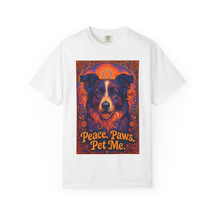 Border Collie Psychedelic Festival T-Shirt – Trippy Floral Dog Tee with “Peace. Paws. Pet Me.” Quote