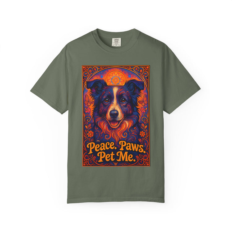Border Collie Psychedelic Festival T-Shirt – Trippy Floral Dog Tee with “Peace. Paws. Pet Me.” Quote