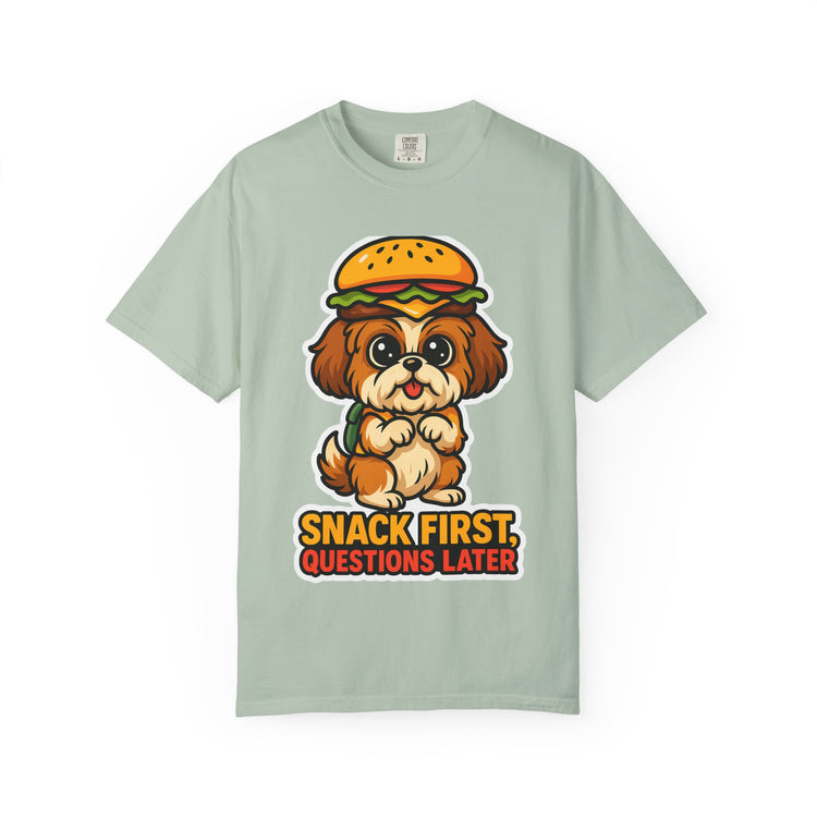 🍔 Snack First, Questions Later Shih Tzu T-Shirt – Funny Foodie Dog Meme Tee for Pet Lovers & Dog Moms 🐾