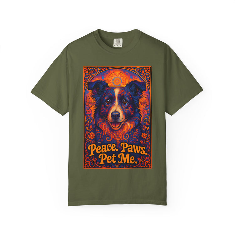 Border Collie Psychedelic Festival T-Shirt – Trippy Floral Dog Tee with “Peace. Paws. Pet Me.” Quote