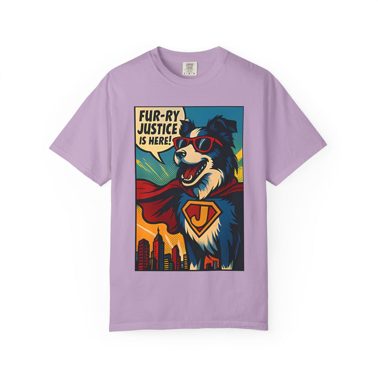 Border Collie Superhero Comic T-Shirt – Pop Art Dog Design, “Fur-ry Justice is Here!” Tee for Dog Lovers