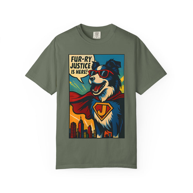 Border Collie Superhero Comic T-Shirt – Pop Art Dog Design, “Fur-ry Justice is Here!” Tee for Dog Lovers